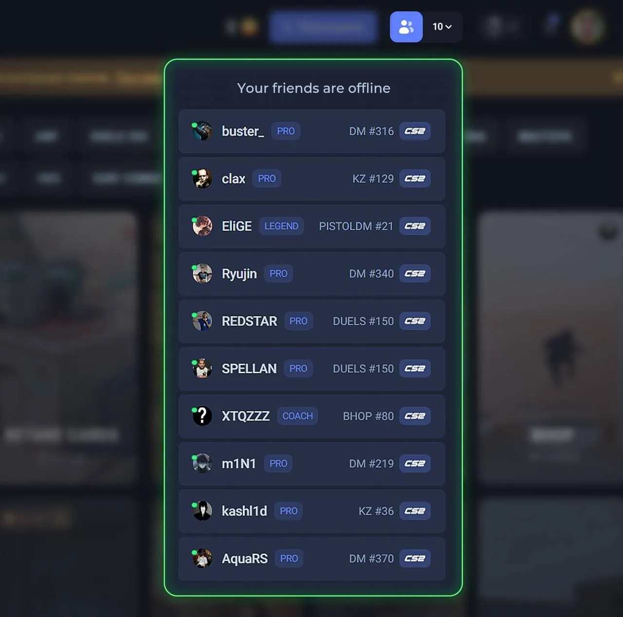 PRO players online on CYBERSHOKE and the modes they play in CS2